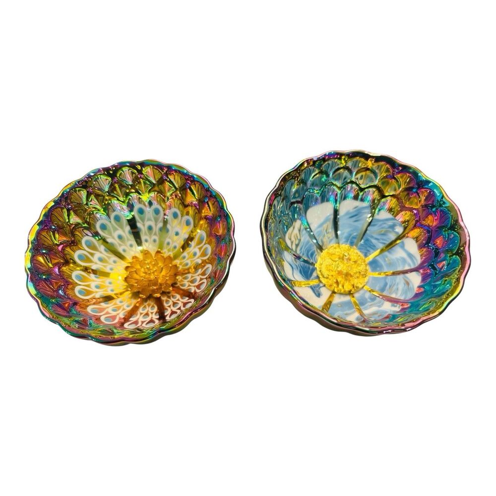 Jianzhan Tenmoku Peacock & Dragon Teacups Rainbow Glaze Set of 2